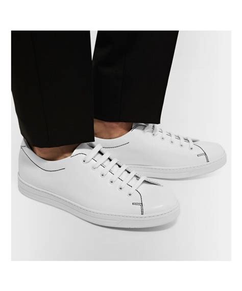 prada contrast-stitch spazzolato leather sneakers|prada downtown patent sneakers.